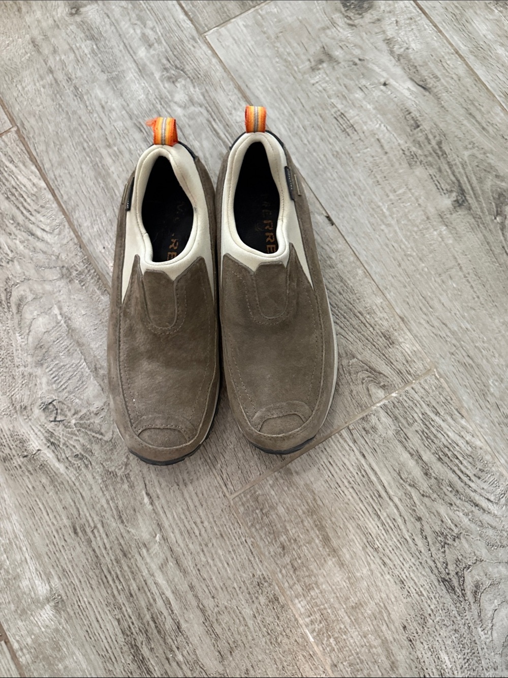 Pierre Cardin Men's Suede Slip-On Loafers in Taupe with Orange Pull Tabs